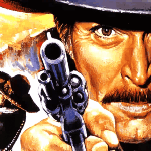 Man in a hat points a revolver at the camera with a fierce gaze, close-up western-style scene.