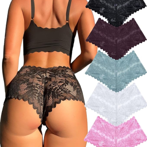 Knowyou Women's Underwear Sexy V-Waist Shorts Underwear for Women Lace High Waist Cheeky Panties 5 Pack