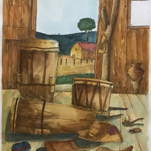 Panamanian Native House. Watercolor Portrait, "Brands" Panamanian Artist