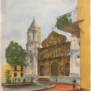 Panamanian Colonial Architecture. Watercolor Portrait, "Brands" Panamanian Artist