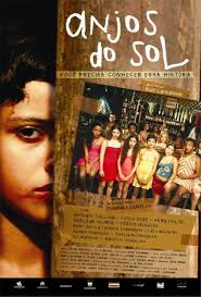Movie poster for Anjos do Sol, showing a close-up of a woman's face on the left and a line of women in colorful dresses on the right with the title at the top.