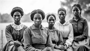 Five women standing in a line outdoors, wearing vintage dresses, looking at the camera in a black-and-white portrait.