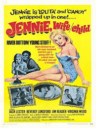 Vintage yellow film poster for the movie 'Jennie, the Wife and Child,' featuring a blonde woman in a blue dress bending over, with two men in the background and several black-and-white inset photos near the bottom.
