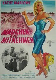 Vintage movie poster for 'Mädchen zum Mitnehmen' featuring Kathy Marlowe in a blue dress with a beach scene and a black-and-white scene inset.