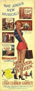 Vintage poster collage for the musical film My Sister Eileen, showing a smiling woman in a blue striped top and red shorts, smaller scene panels, and bold title text.