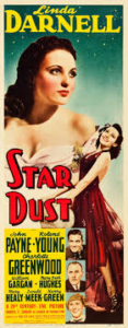 Vintage Star Dust movie poster featuring Linda Darnell in a red dress with a collage of supporting actors' portraits.