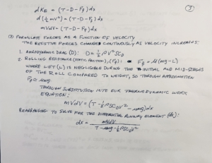 Handwritten notes page outlining resistive forces vs velocity: aerodynamic drag D = 1/2 ρ V^2 C_D and rolling resistance expressions, page 3.