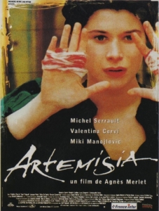 Poster for the film Artemisia: woman with hands raised near her face, bandaged wrists, list of cast names visible, bold stylized title at bottom.