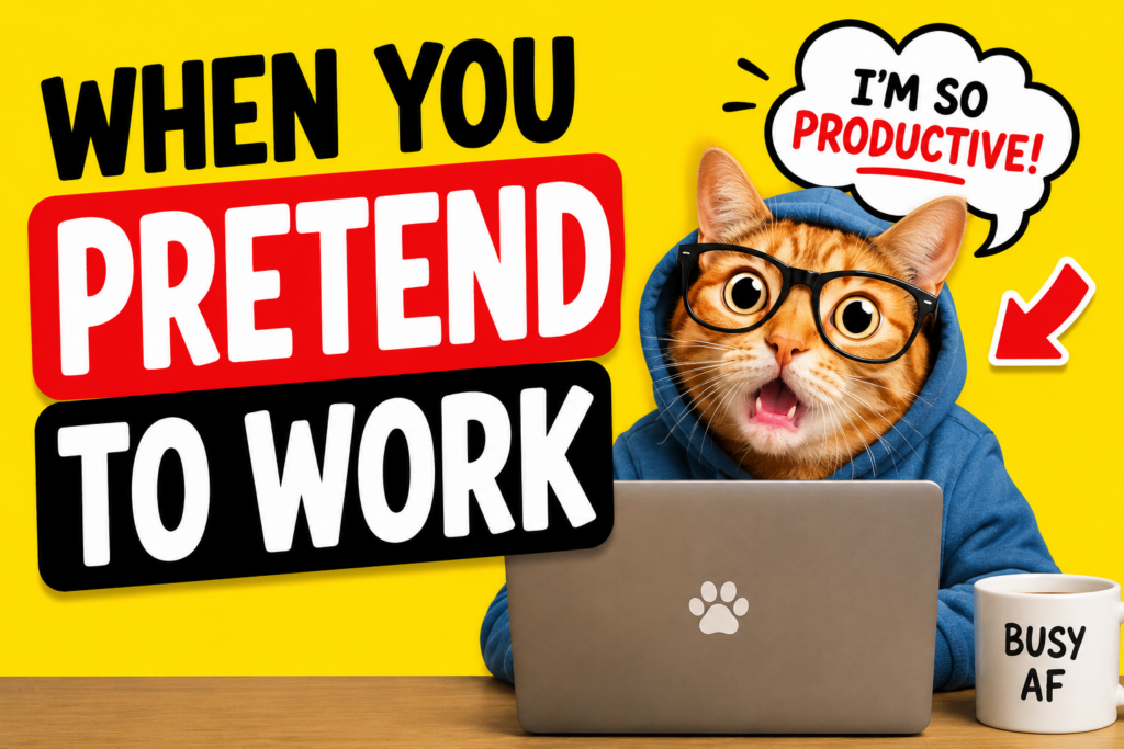 Orange cat wearing glasses at a laptop with a bold 'When you pretend to work' banner and a speech bubble saying 'I'm so productive!' on a yellow background, for a humorous productivity post.