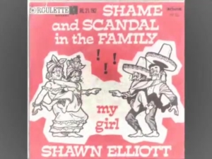 Pink vintage book cover with the title 'Shame and Scandal in the Family' and cartoon couples pointing at each other; 'my girl' centered, by Shawn Elliott.