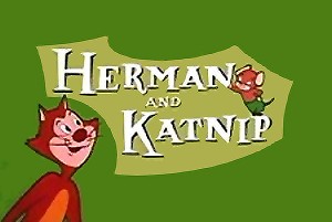 Logo for Herman and Katnip featuring a red cartoon cat on a green background with the stylized title.