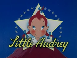 Poster of Little Audrey: a cartoon girl with red hair peeking over a white star on a blue background, with yellow 'Little Audrey' text.