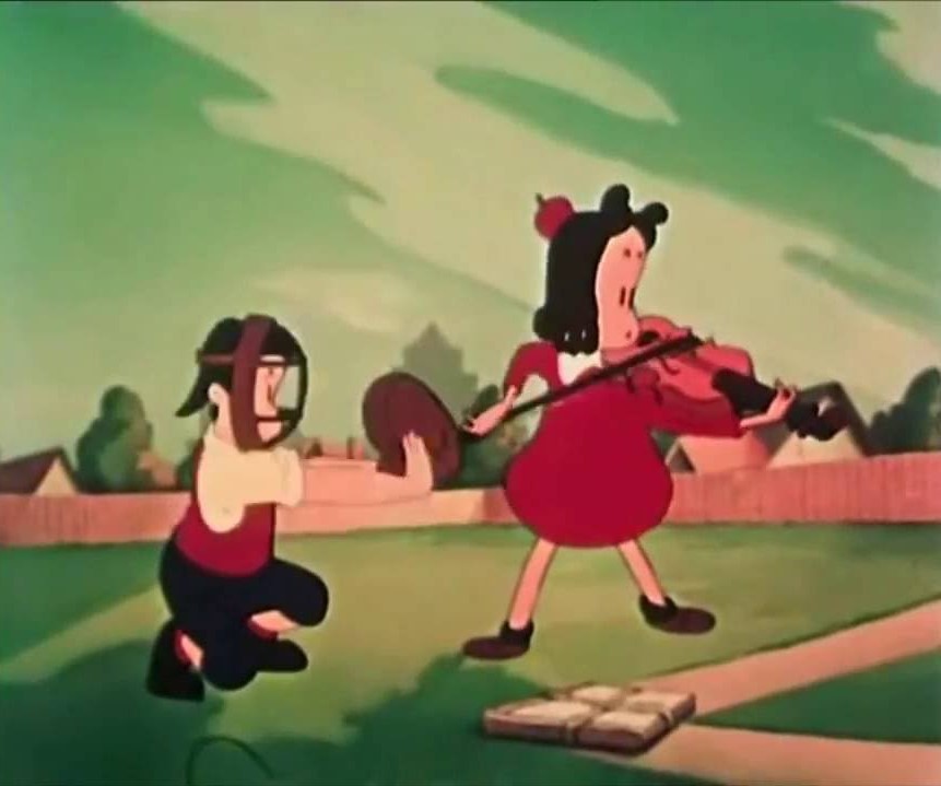 Cartoon girl in a red dress plays a violin while a kneeling boy in a helmet shields himself in a playful outdoor scene.