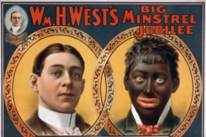 Promotional poster for Wm. H. West's Minstrel Jubilee featuring two oval portraits: a white man left, a caricatured Black performer right.