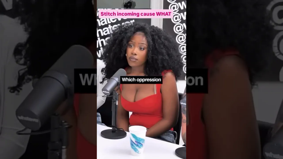Woman with voluminous curly hair in a red tank top sits at a podcast mic during an interview; caption reads 'Which oppression'.