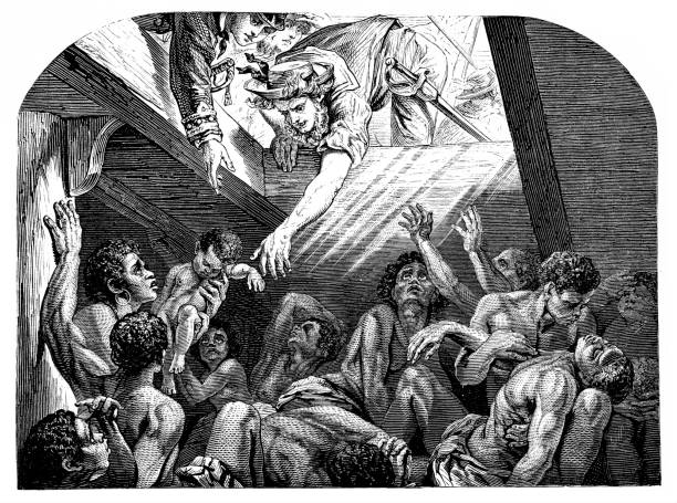 Crowded group of men in a dark wooden hold reach upward toward an opening, with figures above helping and light streaming in.