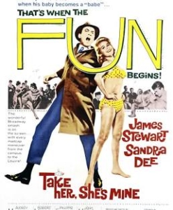 Movie poster for 'Fun' featuring James Stewart and Sandra Dee dancing, with the tagline "That's when the fun begins."