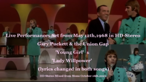 Retro band on a 1960s-style stage in teal suits performs while bold pink overlay text lists the show's details from 1968- HD stereo.