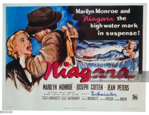 Movie poster for Niagara: Marilyn Monroe in the foreground as a man in a hat embraces a blonde woman; dramatic ocean waves and the pink 'Niagara' title