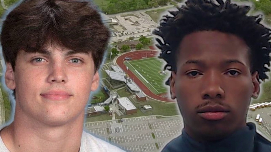 Two young men posing outdoors with an aerial view of a football field and track behind them.