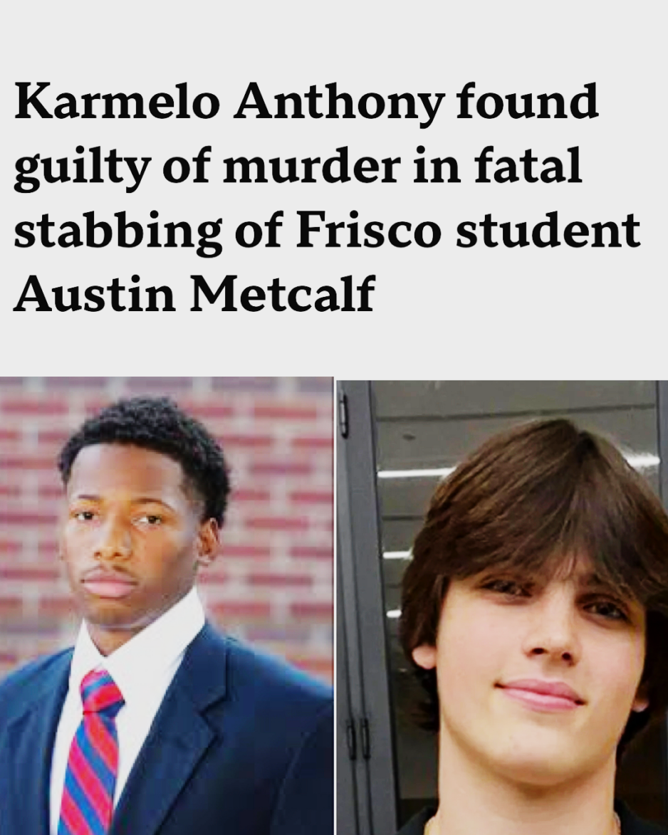 News headline about a murder conviction with two side-by-side portraits of young men beneath it.