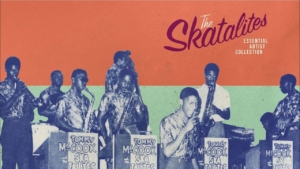 Band of The Skatalites playing brass instruments on a vintage poster with orange and green color blocks behind them, blue-tinted photo.