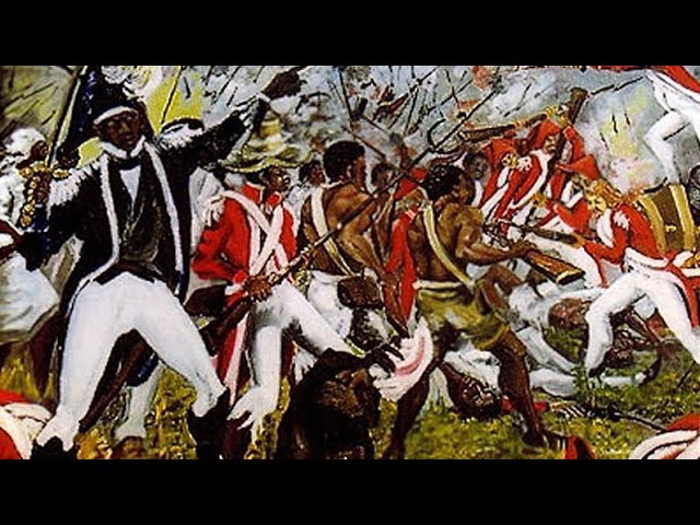 A chaotic battle between Black soldiers and white-uniformed troops wielding muskets and swords in a crowded melee.