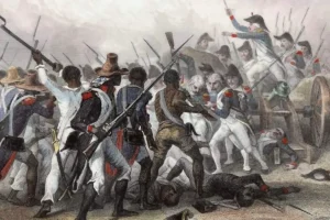 Battle scene with soldiers fighting amidst cannons and swords during a chaotic melee, some casualties on the ground.