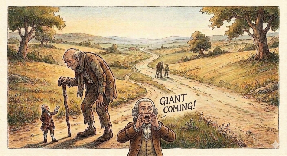 Cartoon of a huge giant towering over a small man on a dusty country road, while an alarmed man in the foreground shouts 'GIANT COMING!'