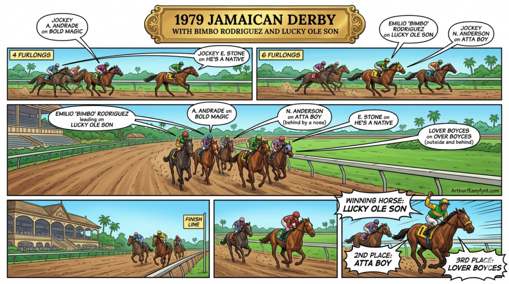 Comic strip showing a Jamaican Derby horse race across multiple panels with jockeys, horses, and finish-line captions.