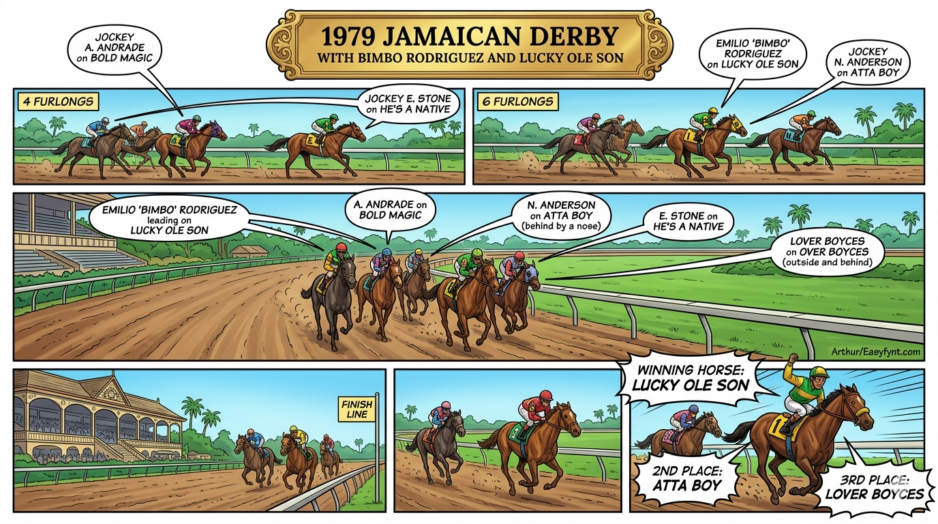 Comic strip showing a Jamaican Derby horse race across multiple panels with jockeys, horses, and finish-line captions.