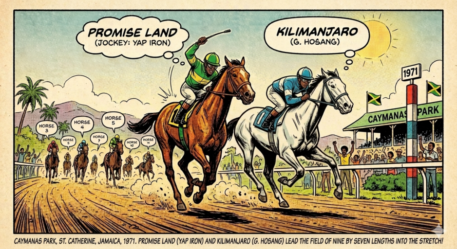 Two leading racehorses, Promise Land and Kilimanjaro, sprint toward the finish at Caymanas Park, 1971, with cheering crowd in the background.