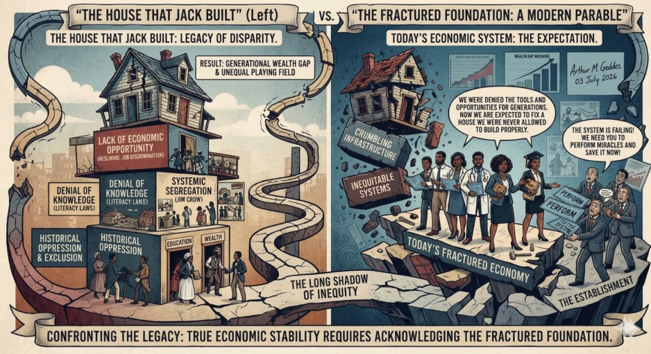 Infographic contrasting the legacy of inequality on the left with a fractured economy on the right, featuring stacked blocks and a crumbling foundation.