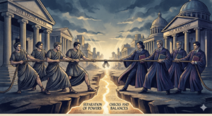 Artwork depicting separation of powers: two sides (Legislature on left, Judiciary on right) pull a rope toward their respective chambers across a chasm, symbolizing checks and balances.