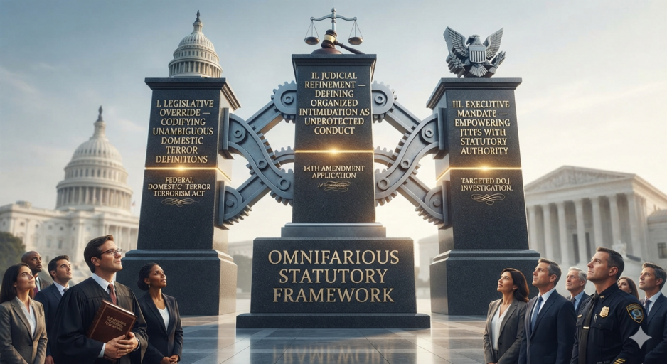Ceremonial monument labeled 'Omnifarious Statutory Framework' with three pillars and scales of justice, crowd of professionals in suits in front, Capitol-like buildings in the background.