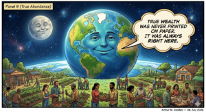 Colorful comic panel with a smiling Earth towering over a village garden where people share vegetables and work together; a speech bubble proclaims true wealth was never printed on paper.
