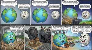 Earth asks the Moon about resource mismanagement; the Moon jokes as the scene hints at depletion warnings.