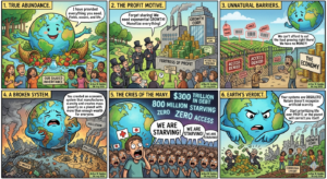 Earth personified as a smiling globe surrounded by people sharing resources, captioned 'True Abundance'. This communicates global prosperity being shared.