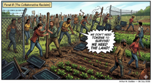 A large crowd of protesters reclaiming land, breaking a barbed‑wire fence with tools, marching forward as laptops lie toppled on the ground and a speaker declares, 'We don't need tokens to survive! We need the land!'
