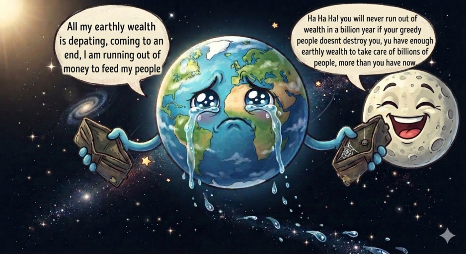 Earth in a space cartoon cries buckets of tears as it says it is running out of money to feed people, while a smiling moon holds a treasure chest and taunts it.