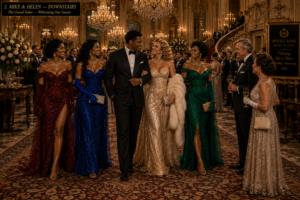 A glamorous group of guests in sparkling gowns and tuxedos walking through an opulent hotel lobby with chandeliers and gold decor.