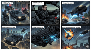 Rainy city street chase: a dark sedan is pursued by police cars with flashing lights while two motorcycles flank it.