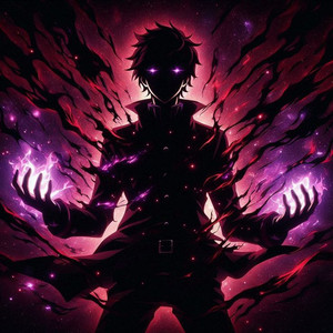 Silhouette of an anime-style character with spiky hair, outstretched arms, and glowing purple energy around the hands against a dark, swirling background.