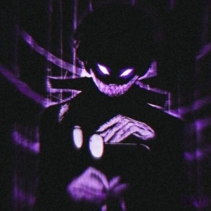 Dark, eerie humanoid figure with glowing purple eyes and a stitched mouth in a dim purple-lit space.