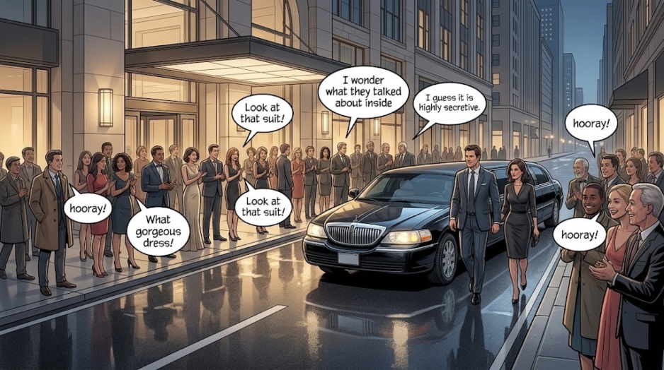 A formally dressed couple steps from a black limo onto a city sidewalk as cheering guests line the street with speech bubbles praising their outfits.