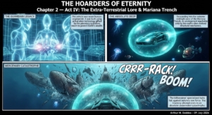 Comic page titled 'The Hoarders of Eternity' with three panels: holographic guardians and a device in a lab, a car enclosed in a glowing bubble drifting in space, then a massive underwater battle scene with a bubble shield and exploding ships.