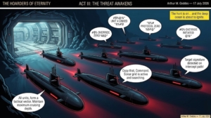 Fleet of black submarines cruises through a dark cavern filled with glowing red light, speech bubbles carrying techno-jargon surround them, a caption notes a hunt is on.