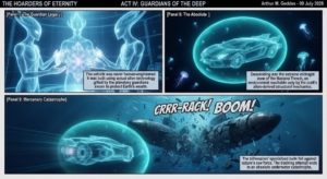 Panels tell a sci‑fi narrative: holographic figures surround a glowing core as a vehicle idea is explained and a car is shown encased in a protective bubble.
