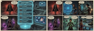 Panel 1: A armored officer walks down a red-lit corridor, delivering a perimeter check announcement to the squad. Panel 2: A blue holographic display titled 'Galactic Mandate' lists five commanders with portraits and roles. Panel 3: The armored figure continues through the dim hallway as other personnel stand nearby. Panel 4: A female officer in blue armor stands before a large holographic star map, pointing at it. Panel 5: The Dominari orders heavy automated turrets to prepare, vowing they won’t get past. Panel 6: The Dominari faces a purple-glowing shield and turret controls in a dim command room. Panel 7: Androma explains a three-minute window before the guards rotate, standing at a console. Panel 8: Suziette, the Queen of the Orient, instructs to keep shields up while armed drones hover nearby. Panel 9: Indrhiana, Queen of Indus, surveys armored vehicles and tank-like craft as a companion explains the situation.