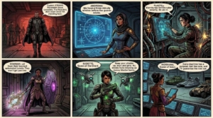Captain in heavy armor walks through a red-lit cargo bay while guards look on in the background.